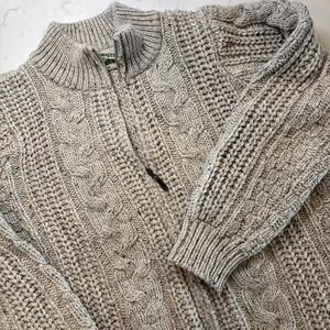 Vintage Aran Crafts Sweater Womens MED Beige Merino Wool Zip Cable Knit Cardigan